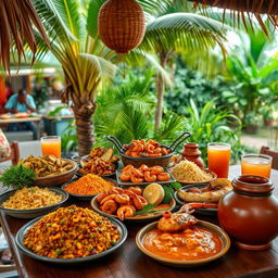 An inviting display of traditional Mozambican cuisine featuring iconic dishes such as matapa (cassava leaves with peanuts), peri-peri chicken, prawns in spicy sauce, xima (cornmeal porridge), and piri-piri fish, beautifully arranged on a rustic wooden table