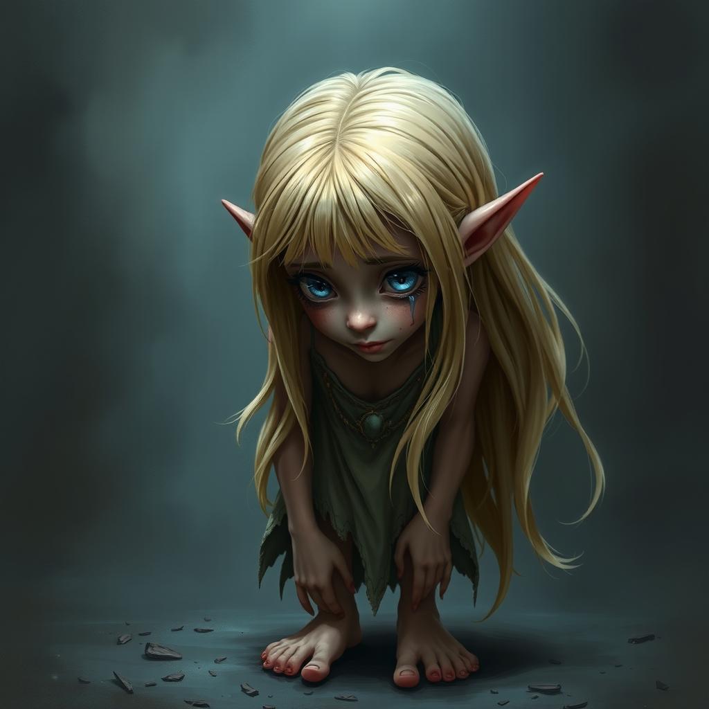 A poignant and evocative scene depicting Sumina, a fragile elf with long, flowing blonde hair cascading down her back