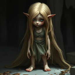 A poignant and evocative scene depicting Sumina, a fragile elf with long, flowing blonde hair cascading down her back