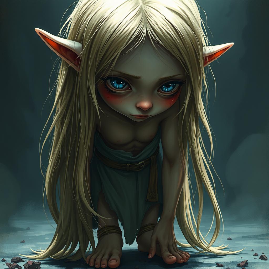 A poignant and evocative scene depicting Sumina, a fragile elf with long, flowing blonde hair cascading down her back