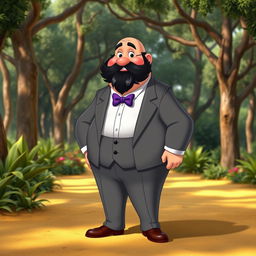 A Disney character portrayal of a chubby, bald man with a black beard featuring some gray strands