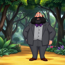 A Disney character portrayal of a chubby, bald man with a black beard featuring some gray strands