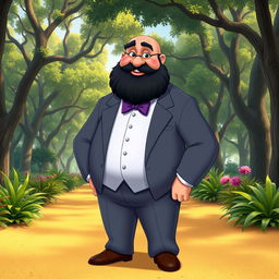 A Disney character portrayal of a chubby, bald man with a black beard featuring some gray strands