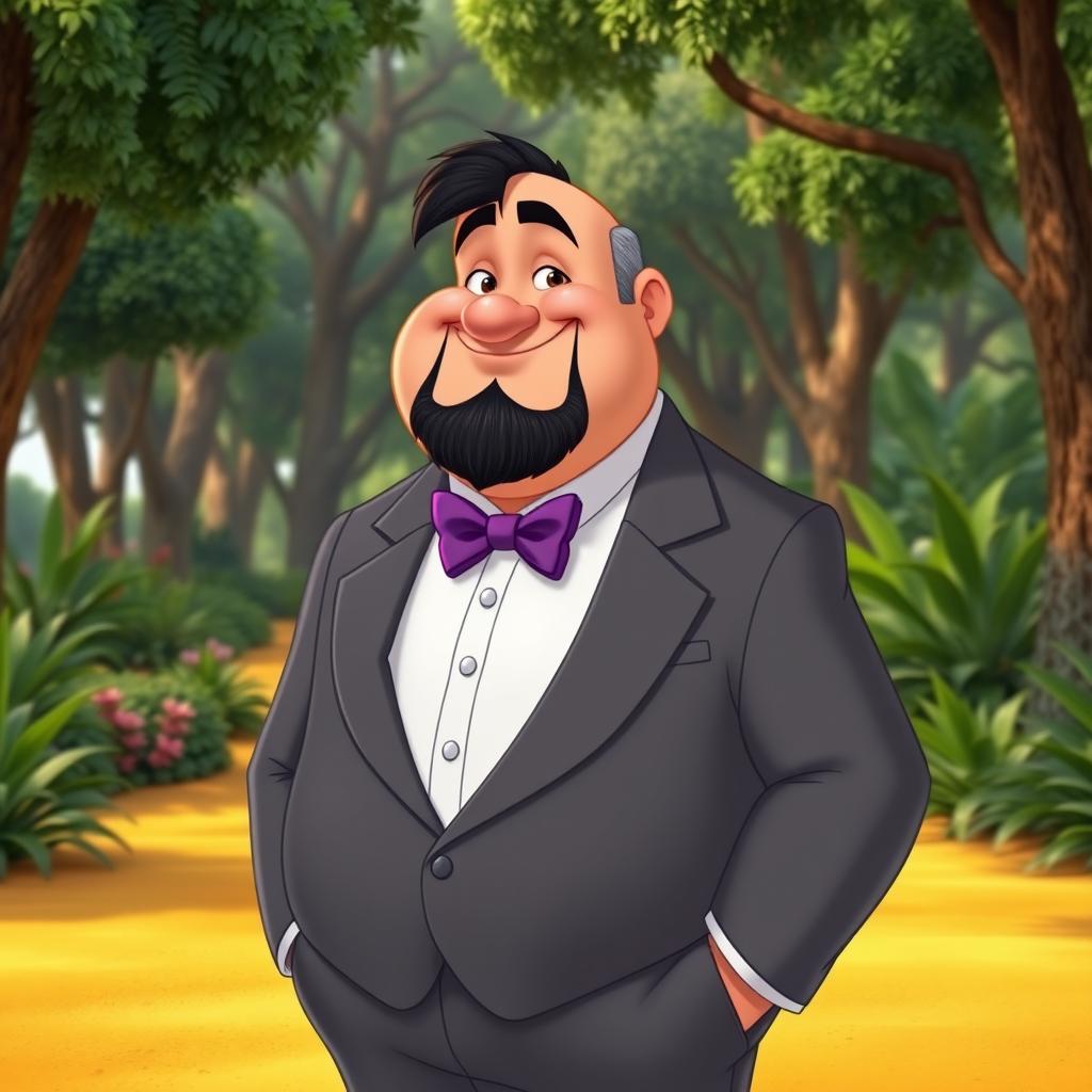 A Disney character portrayal of a chubby, bald man with a black beard featuring some gray strands