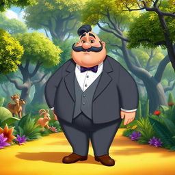 A Disney character depiction of a chubby man with brown eyes, bald head, and a black beard that has some gray strands