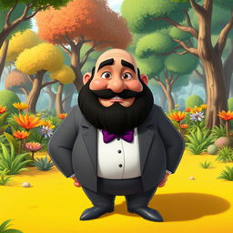 A Disney character depiction of a chubby man with brown eyes, bald head, and a black beard that has some gray strands