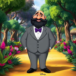 A Disney character depiction of a chubby man with brown eyes, bald head, and a black beard that has some gray strands