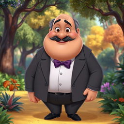 A Disney character depiction of a chubby man with brown eyes, bald head, and a black beard that has some gray strands