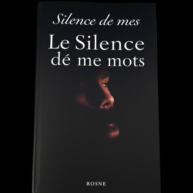 A dramatic book cover titled 'Le Silence de mes mots', featuring a close-up of a man's face immersed in darkness, with shadows elegantly highlighting his features