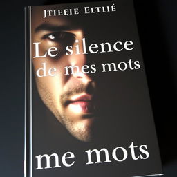 A dramatic book cover titled 'Le Silence de mes mots', featuring a close-up of a man's face immersed in darkness, with shadows elegantly highlighting his features