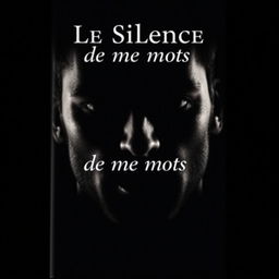 A dramatic book cover titled 'Le Silence de mes mots', featuring a close-up of a man's face immersed in darkness, with shadows elegantly highlighting his features