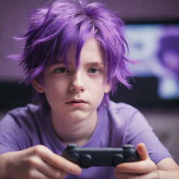 A youthful boy with vibrant purple hair, immersed in an intense video game. The scene is draped with a gentle light purple filter.