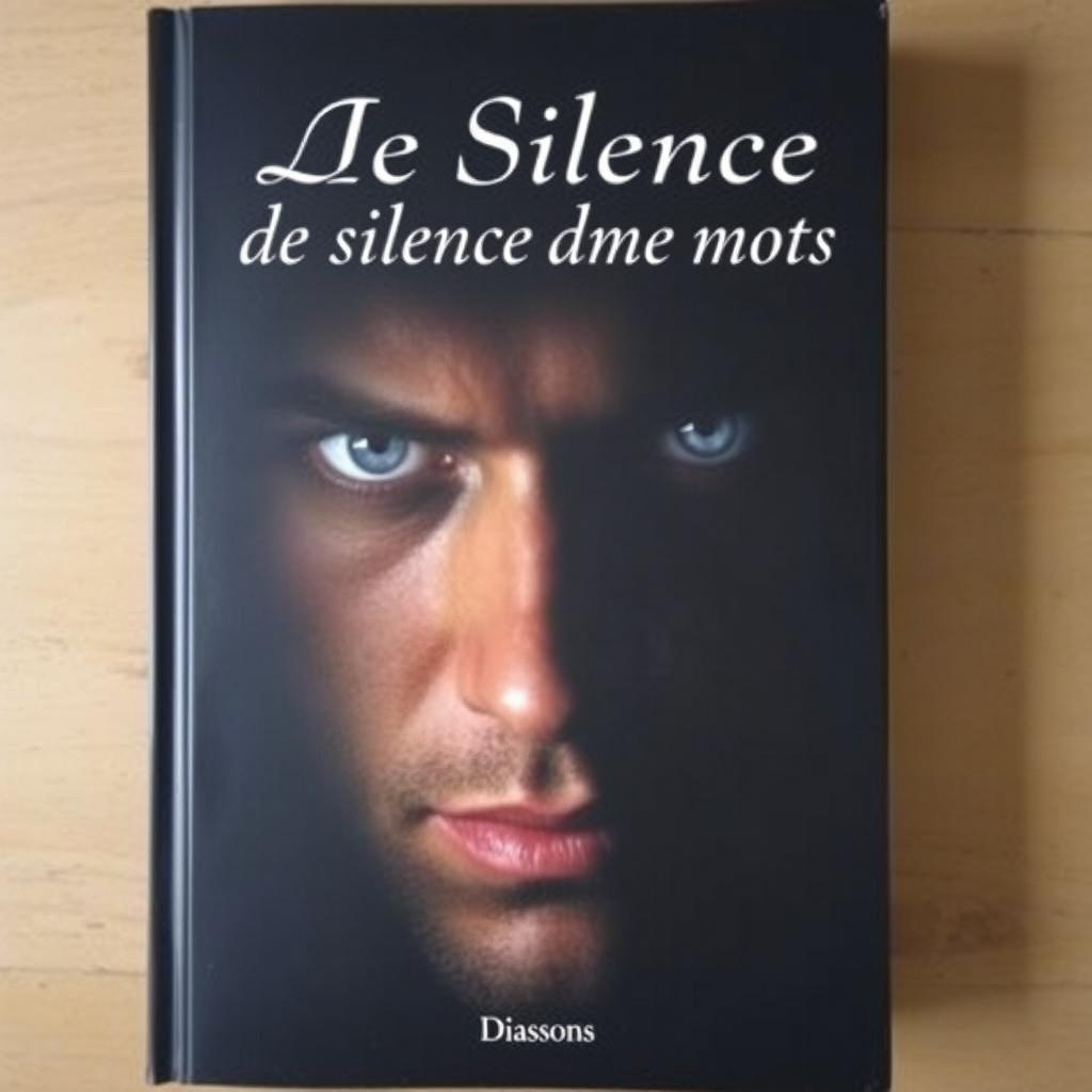 A book cover titled "Le Silence de mes mots" featuring a striking portrait of a blue-eyed man's face partially illuminated in darkness