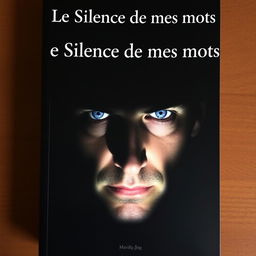 A book cover titled "Le Silence de mes mots" featuring a striking portrait of a blue-eyed man's face partially illuminated in darkness