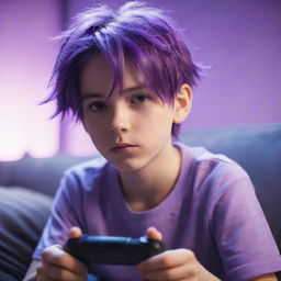 A youthful boy with vibrant purple hair, immersed in an intense video game. The scene is draped with a gentle light purple filter.