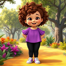 A Disney character representation of a chubby little girl with curly brown hair and brown eyes