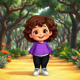 A Disney character representation of a chubby little girl with curly brown hair and brown eyes