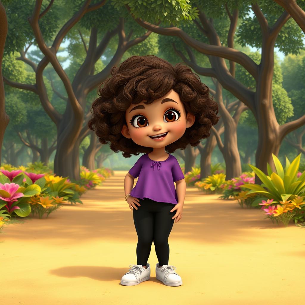 A Disney character representation of a chubby little girl with curly brown hair and brown eyes