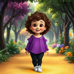 A Disney character representation of a chubby little girl with curly brown hair and brown eyes