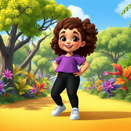 A Disney character portrayal of a chubby little girl with curly brown hair and brown eyes