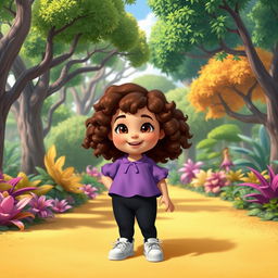 A Disney character portrayal of a chubby little girl with curly brown hair and brown eyes