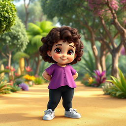 A Disney character portrayal of a chubby little girl with curly brown hair and brown eyes