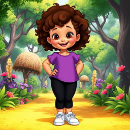 A Disney character portrayal of a chubby little girl with curly brown hair and brown eyes