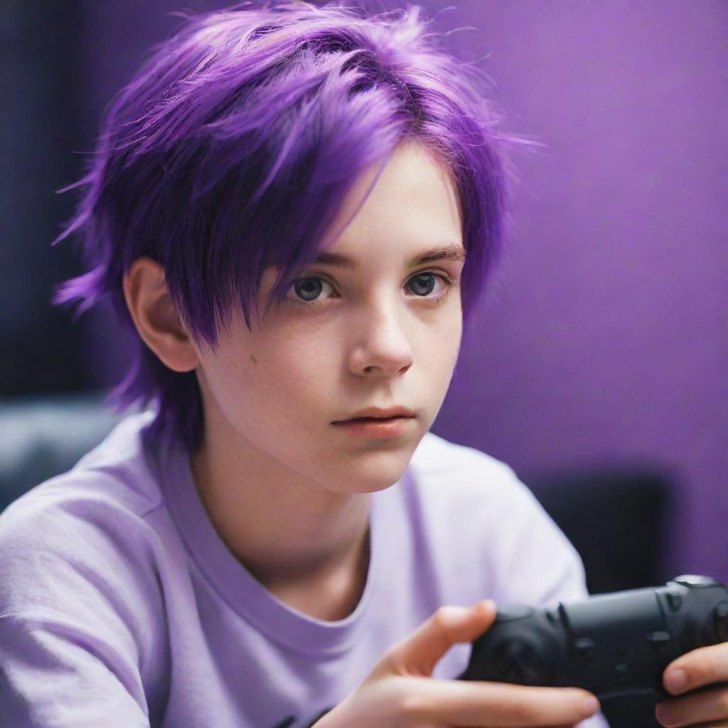 A youthful boy with vibrant purple hair, immersed in an intense video game. The scene is draped with a gentle light purple filter.