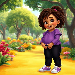 A Disney character portrayal of a very chubby little girl with curly brown hair and brown eyes