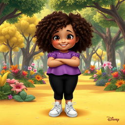 A Disney character portrayal of a very chubby little girl with curly brown hair and brown eyes