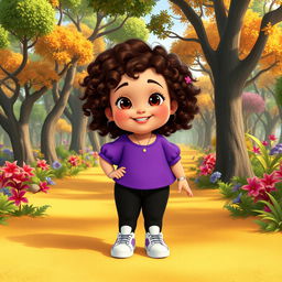 A Disney character portrayal of a very chubby little girl with curly brown hair and brown eyes