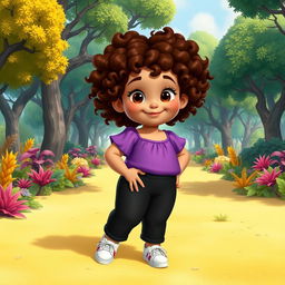 A Disney character portrayal of a very chubby little girl with curly brown hair and brown eyes