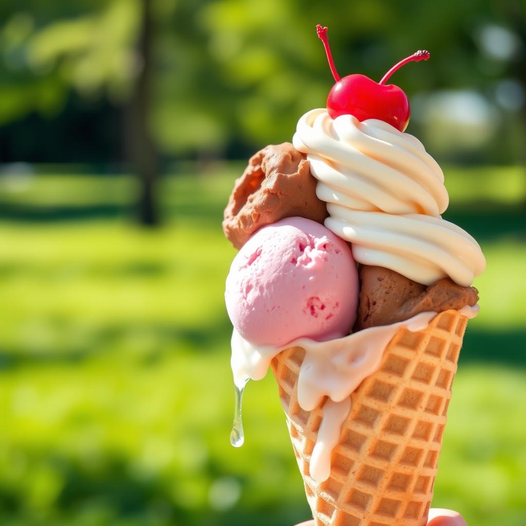 A beautiful still life of a delicious ice cream cone with three colorful scoops: one vibrant pink strawberry, a rich chocolate scoop, and a creamy vanilla topped with a cherry