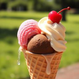 A beautiful still life of a delicious ice cream cone with three colorful scoops: one vibrant pink strawberry, a rich chocolate scoop, and a creamy vanilla topped with a cherry