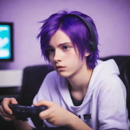 A youthful boy with vibrant purple hair, immersed in an intense video game. The scene is draped with a gentle light purple filter.