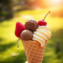 A beautiful still life of a delicious ice cream cone with three colorful scoops: one vibrant pink strawberry, a rich chocolate scoop, and a creamy vanilla topped with a cherry