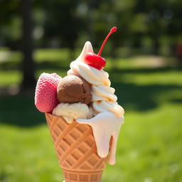 A beautiful still life of a delicious ice cream cone with three colorful scoops: one vibrant pink strawberry, a rich chocolate scoop, and a creamy vanilla topped with a cherry