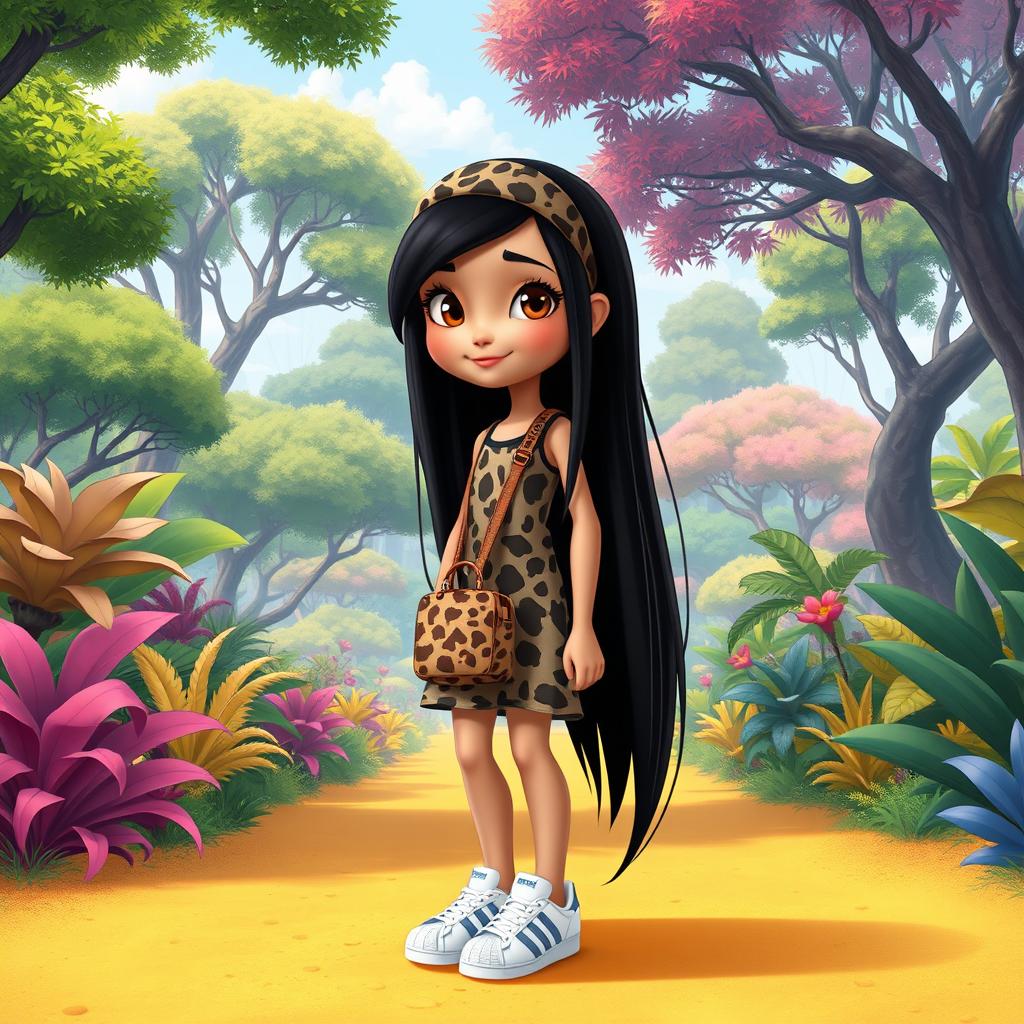 A Disney character representation of a slim little girl with long, straight black hair, adorned with an animal print headband