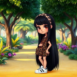 A Disney character representation of a slim little girl with long, straight black hair, adorned with an animal print headband