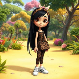 A Disney character representation of a slim little girl with long, straight black hair, adorned with an animal print headband