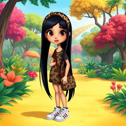 A Disney character representation of a slim little girl with long, straight black hair, adorned with an animal print headband