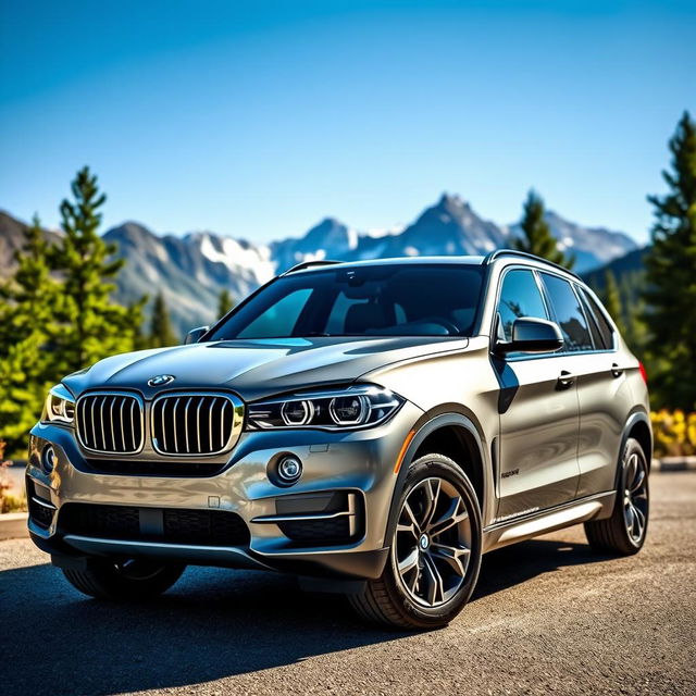 A sleek and modern BMW X5 parked in a scenic mountain landscape