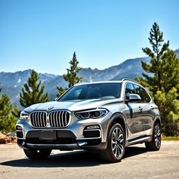 A sleek and modern BMW X5 parked in a scenic mountain landscape