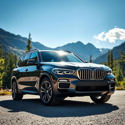 A sleek and modern BMW X5 parked in a scenic mountain landscape