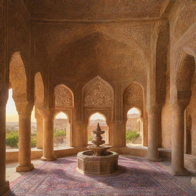 Ancient Iran, showcasing Persian architecture with ornate carvings, lavish gardens, bustling markets filled with spices and textiles, under a golden sunset sky.