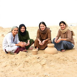 A group of four Eastern European women with Albanian or Balkan features sitting on sandy terrain, engaged in shaping and molding earth or clay with their hands