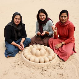 A group of four Eastern European women with Albanian or Balkan features sitting on sandy terrain, engaged in shaping and molding earth or clay with their hands