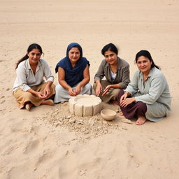 A group of four Eastern European women with Albanian or Balkan features sitting on sandy terrain, engaged in shaping and molding earth or clay with their hands