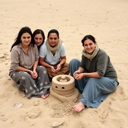 A group of four Eastern European women with Albanian or Balkan features sitting on sandy terrain, engaged in shaping and molding earth or clay with their hands