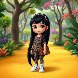 A Disney character representation of a little girl with long, straight black hair, decorated with a zebra print hairband